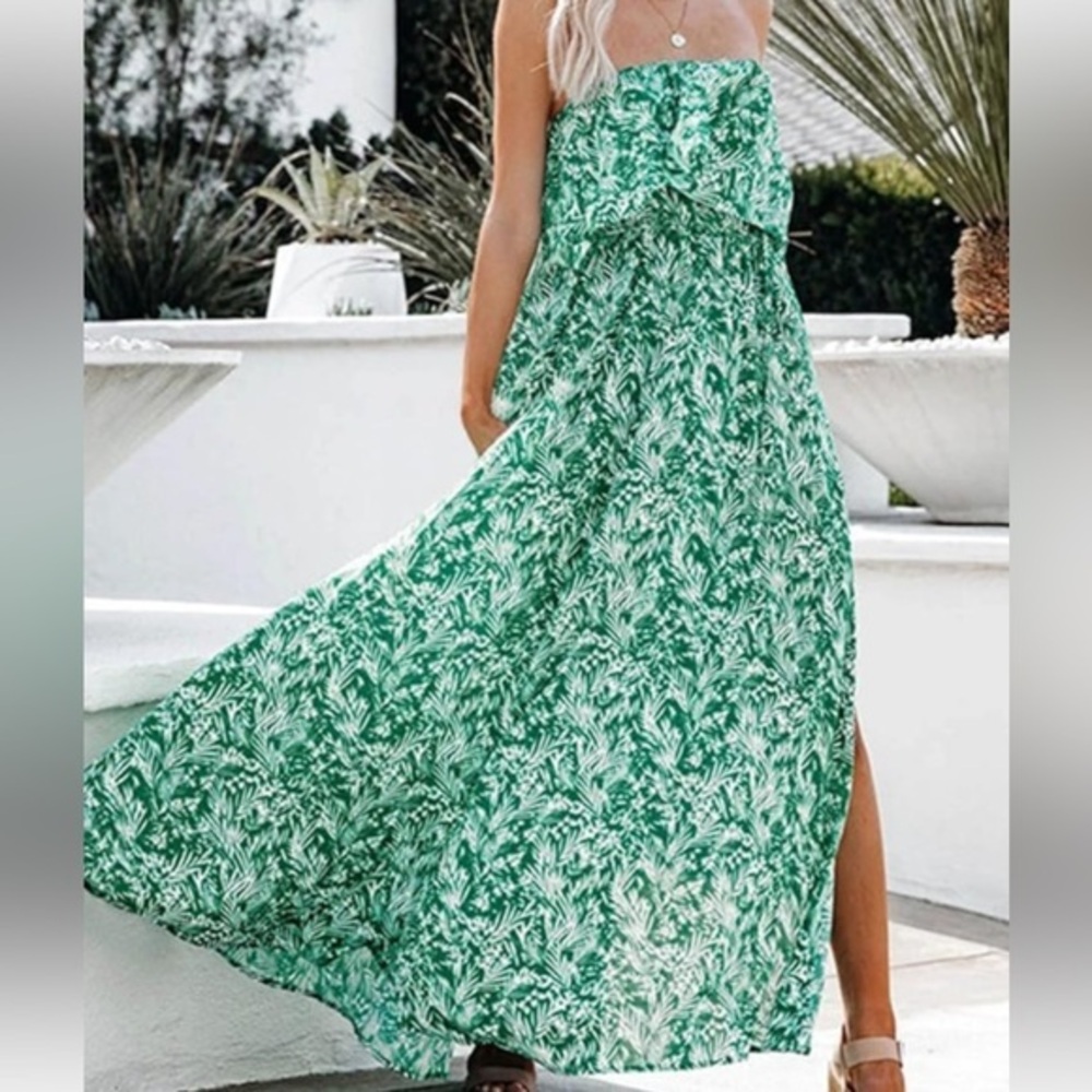 Green Floral Strapless Maxi Dress